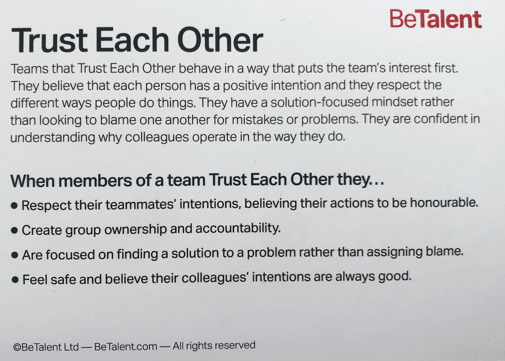 BeTalent Psychological Safety Cards to Boost Team Performance  sold on The Positive Psychology Shop