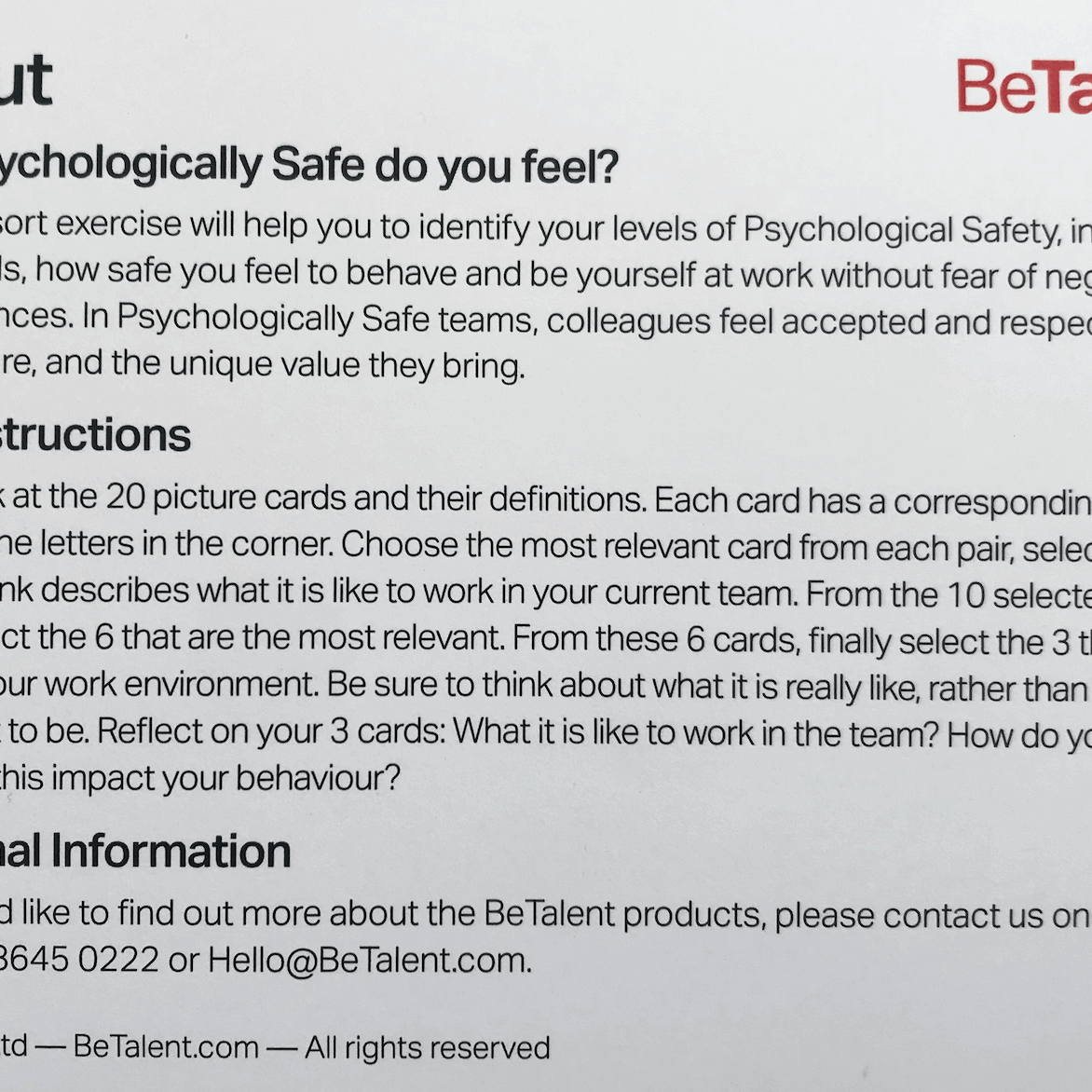BeTalent Psychological Safety Cards to Boost Team Performance  sold on The Positive Psychology Shop
