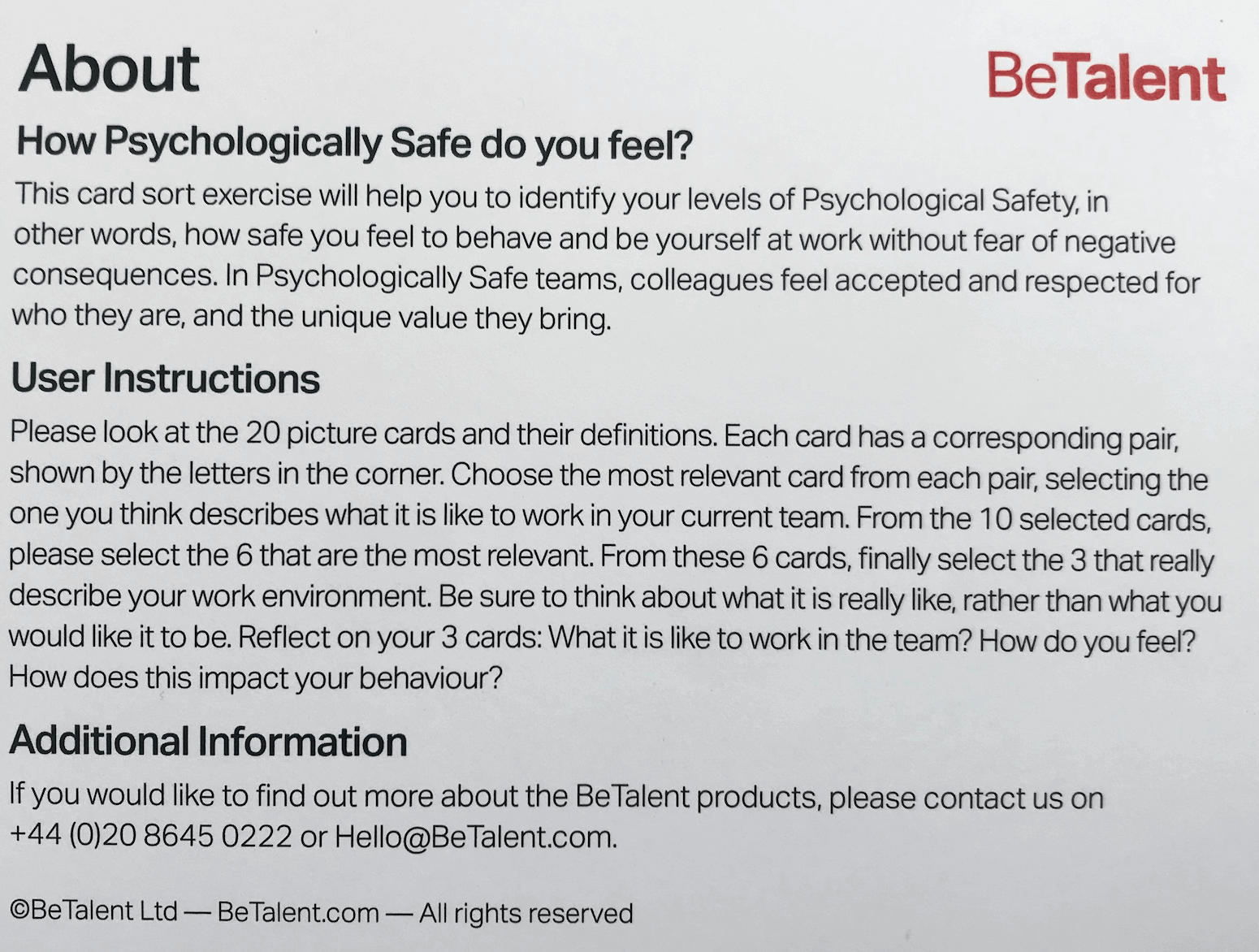 BeTalent Psychological Safety Cards to Boost Team Performance  sold on The Positive Psychology Shop