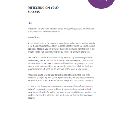 Learning From Success An Appreciative Inquiry Reflection Exercise available as download from The Positive Psychology Shop